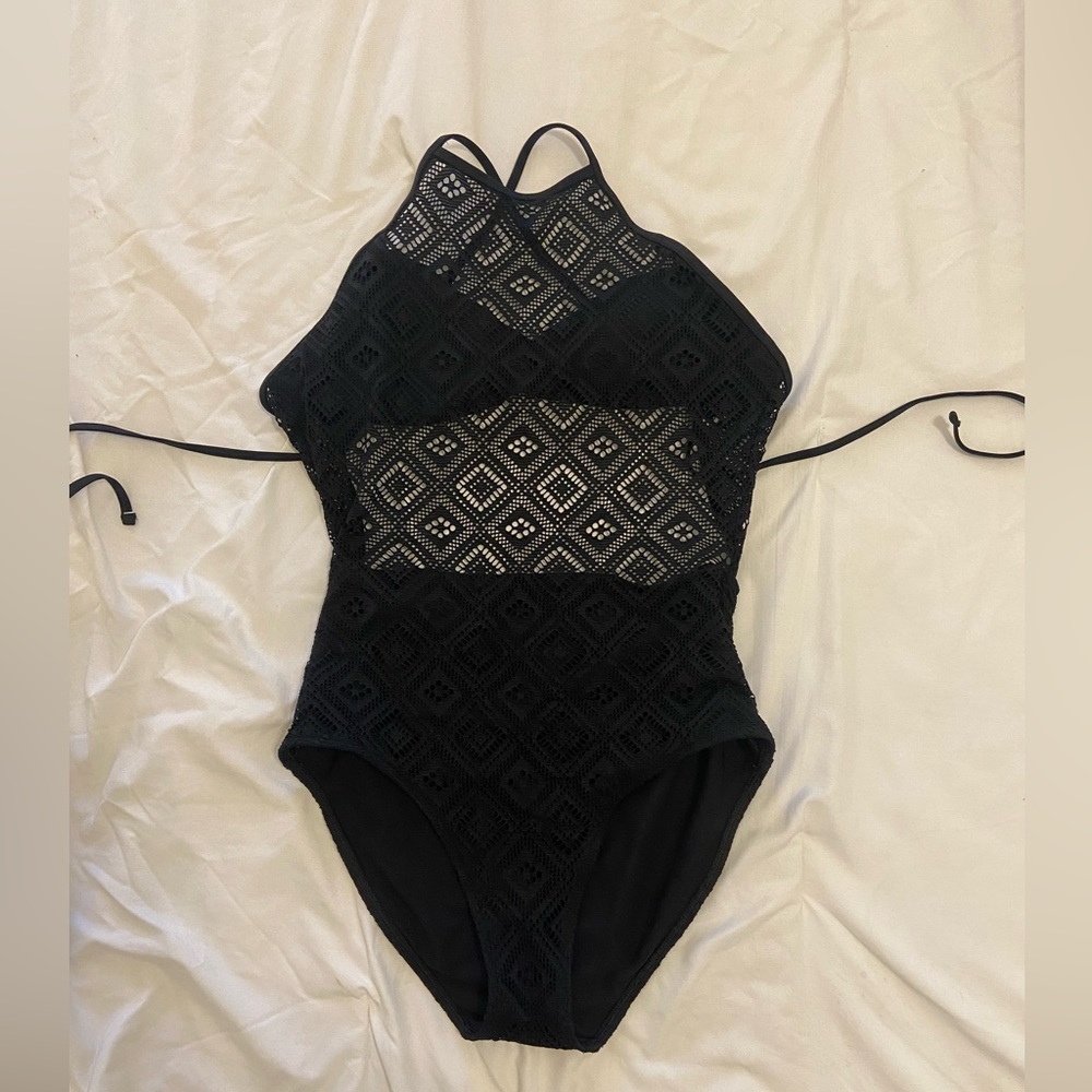 Black Aerie Mesh/Lace One- Piece bathing suit